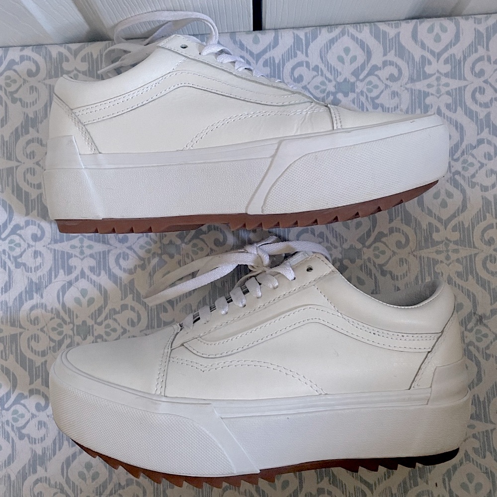 White leather stacked platform vans